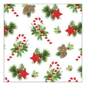 Karácsonyi szalvéta cukorkaszívással, csillagokkal és fenyőtobozokkal - Szalvéta