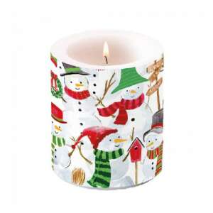 Hóember Party illatú gyertya, 10x10cm, hóemberek és téli elemek ünnepi mintájával - Ambiente
