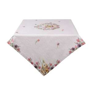 Happy Bunny asztalterítő, 100x100cm, rózsaszín virágmintával és nyuszi mintával, 100% pamut - Party kellék