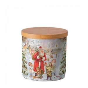 Karácsonyi porcelán konyhai tároló doboz fa fedővel, Santa Claus motívummal, 10x10cm - Ambiente