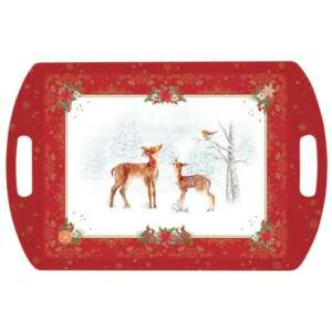 Piros karácsonyi tálca szarvas és madár mintával, 52x35cm - Tálca