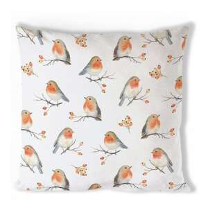 Robin Family 40x40cm párnahuzat, 100% pamut, fehér alapon piros cinegékkel és bogyókkal mintázott - Ambiente
