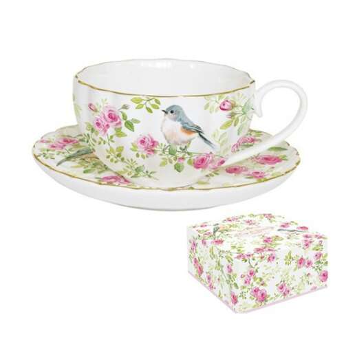R2S Spring Time porcelán teáscsésze és alj szett, 200ml, virágos madár mintával