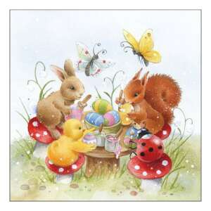 Festő osztály papírszalvéta húsvéti nyuszival, mókussal, csirkével és katicabogárral, akik tojásokat festenek - Szalvéta