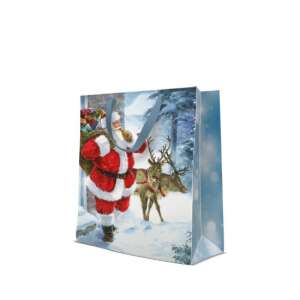 Nagy "Santa is coming" ajándéktáska, Mikulás és rénszarvas mintával, 26,5x33,5x13cm - Művészet & Hobbi