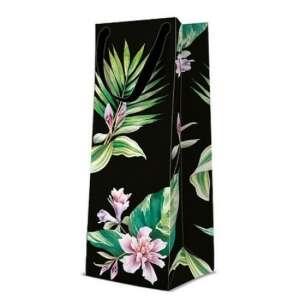 Exotic Flowers papír ajándéktáska palackokhoz, fekete virágos mintával, 12x37x10cm - Művészet & Hobbi