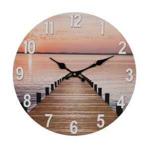 Kerek fa falióra naplementével a vízen és móló mintával - Lakberendezés