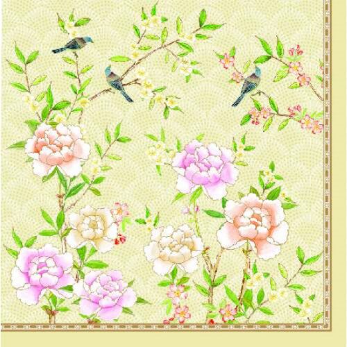 R2S.414PALF Palace Garden Fresco papírszalvéta virágos és madár mintával, 33x33cm, 20db-os