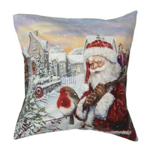 CLEEF.KT021.278 Mikulás és vörösbegy karácsonyi párnahuzat, 45x45cm, poliészter