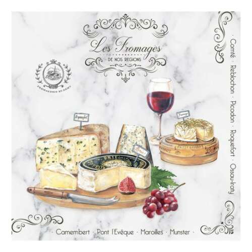 Les Fromages szalvéta, 33x33cm, sajtos mintával, sajt szerelmeseinek, bor és sajt partihoz, francia stílusú szalvéta