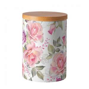 Josephine porcelán konyhai tároló üveg virágmintával és fa fedővel - Ételtárolás