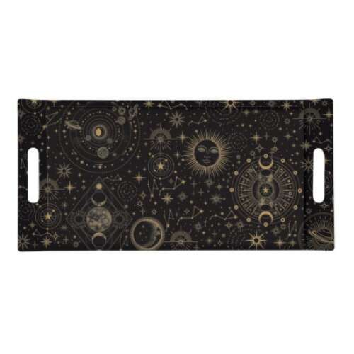 Celestial Atmosphere Tálca, 40x19cm, Fekete Arany Csillagokkal és Bolygókkal