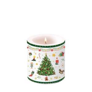 Karácsonyi Evergreen fehér gyertya karácsonyfa és egyéb karácsonyi motívumokkal, 8x7,5cm - Lakberendezés