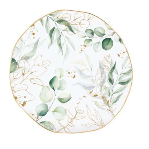 Botanique porcelán desszerttányér, 16cm, zöld levelekkel és arany szegéllyel