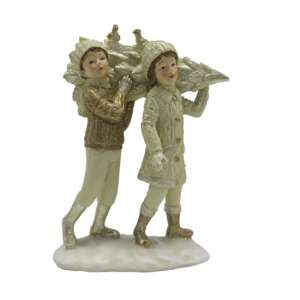 CLEEF.6PR4796 Karácsonyi díszfigura, két gyerek karácsonyfát cipel, fehér és arany, 12x6x15cm - Szezonális dekoráció