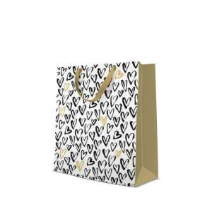 Nagy ajándéktáska fekete és arany szívek mintával, tökéletes születésnapra, évfordulóra vagy bármilyen különleges alkalomra - Művészet & Hobbi