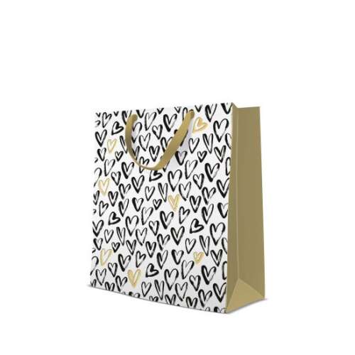 Nagy ajándéktáska fekete és arany szívek mintával, tökéletes születésnapra, évfordulóra vagy bármilyen különleges alkalomra