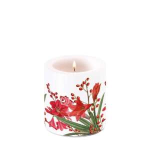 Fehér karácsonyi csokor gyertya piros virágokkal és bogyókkal, 8x7,5cm - Lakberendezés