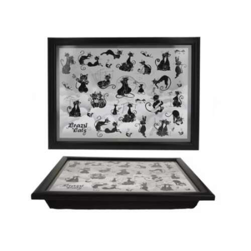 Fekete tálca fekete kerettel és fekete macskák mintájával fehér alapon