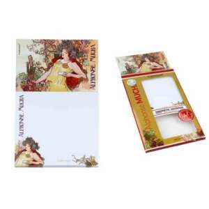 Alphonse Mucha mágneses notesz, 11x18,5cm, egy sárga ruhás nővel, aki egy csészét tart - Notesz & Jegyzetfüzet
