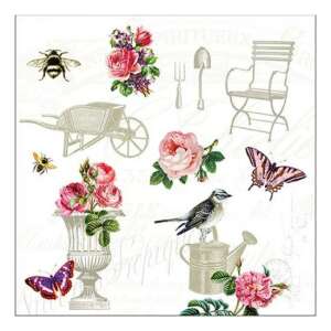 Garden Spirit papírszalvéta virágmintával, rózsákkal, pillangókkal, madarakkal és kerti szerszámokkal - Szalvéta