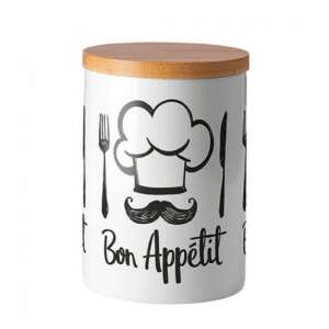 Chef White porcelán konyhai tároló üveg bambusz fedővel, 13,5x10cm, Bon Appetit mintával - Ambiente