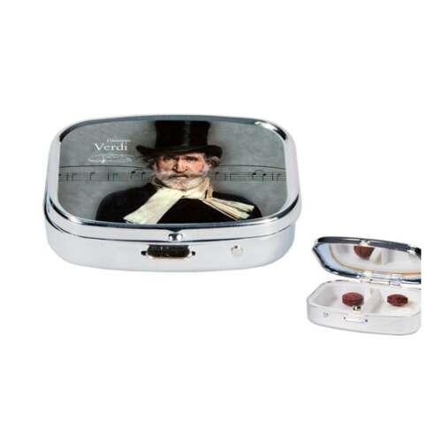 Giuseppe Verdi fém gyógyszeres doboz 2 rekeszes, ezüst, Verdi képpel