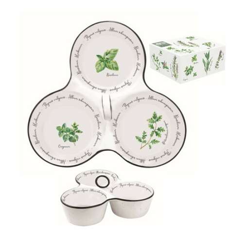 3 részes porcelán kínálótál fűszernövény mintával, Herbarium kollekció