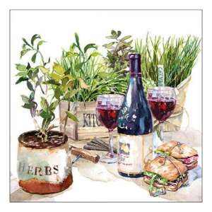 Wine & Herbs papírszalvéta, 20 darabos, 33x33cm, vörösboros, szendvicses pikniket ábrázoló akvarell illusztrációval - Szalvéta