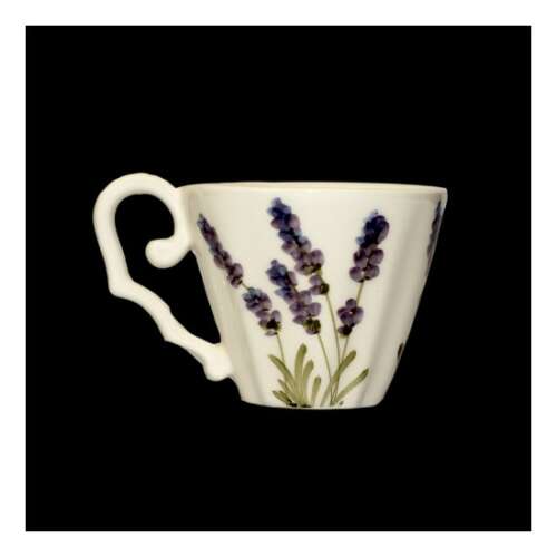 Levendula mintás teáscsésze hegedűvel, kézzel festett kerámia teáscsésze