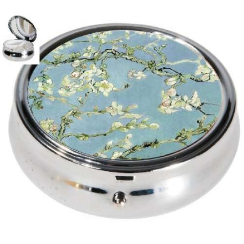 Fém gyógyszeres doboz Van Gogh Mandulavirágzás festményével, 3 rekeszes, 6x2,1cm