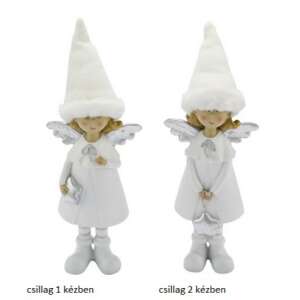 2 db fehér angyal figura ezüst szárnyakkal, fehér kötött sapkát viselve, ezüst csillagot tartva, 10x5,5x28cm - Karácsony
