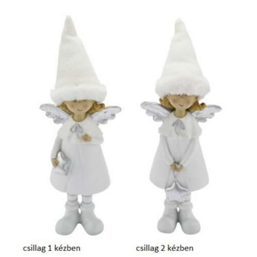 2 db fehér angyal figura ezüst szárnyakkal, fehér kötött sapkát viselve, ezüst csillagot tartva, 10x5,5x28cm