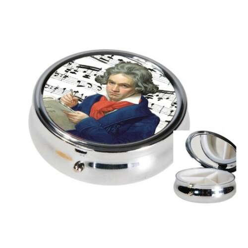 Ezüst gyógyszeres doboz Beethoven képpel és kottapapírral, 3 rekeszes