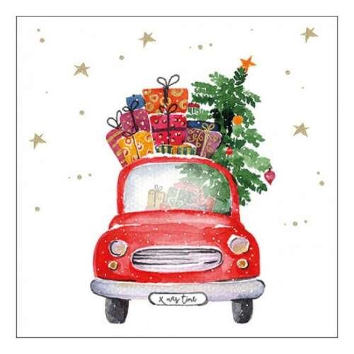 Karácsonyi teherautó ajándékokkal és karácsonyfával papírszalvéta, 20 darabos, 33x33cm