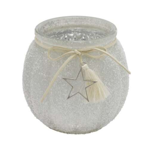 Geh.22302319 fagyos üveg mécsestartó csillaggal és bojttal, 11,5x11,5x11cm