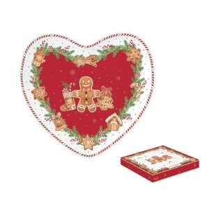 Szív alakú porcelán tálca mézeskalácsos karácsonyi mintával, 20x19cm, Fancy Gingerbread - Tálca