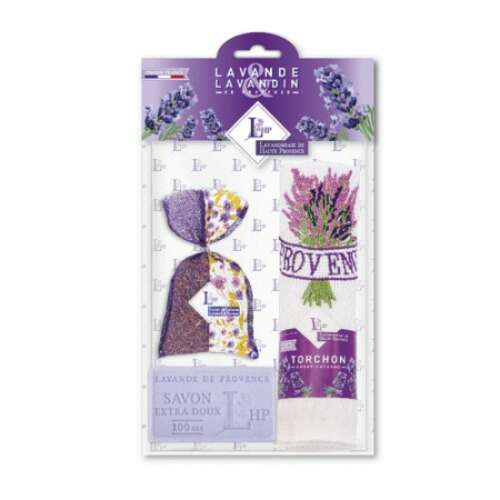 Levendula ajándékcsomag levendula illatú zsákkal, levendula szappannal és levendula hímzett kéztörlővel