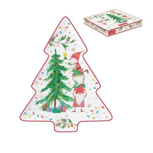 Karácsonyfa alakú porcelán tálca, gnómokkal, akik a fát díszítik, Ready for Christmas kollekció