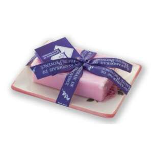 LAVANDERAIE DE HAUTE PROVENCE Marseille szappan növényi olajjal, 100g, parabénmentes, szulfátmentes, hidratáló, kerámia szappantartóval, rózsa - Szappan