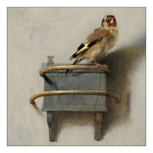 A Goldfinch painting, a bird on a wooden shelf