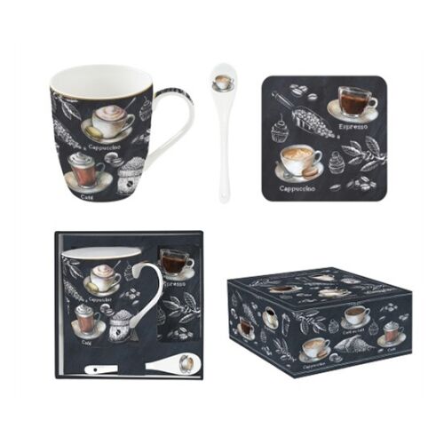 Barista Kávés Csésze Szett - 350ml Porcelán Bögre kanállal és poháralátéttel