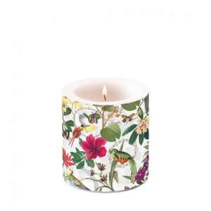 Trópusi dzsungel illatú gyertya madarakkal és virágokkal díszítve, 8x7,5cm - Lakberendezés