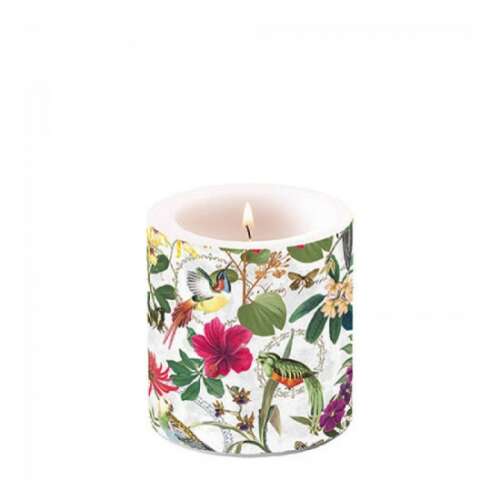 Trópusi dzsungel illatú gyertya madarakkal és virágokkal díszítve, 8x7,5cm