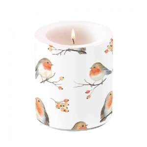 Robin Family illatos gyertya fehér alapon, robinokkal ágakon - Gyertya