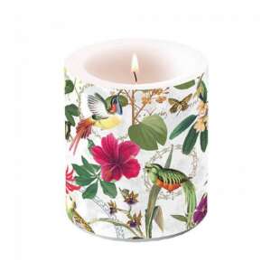 Tropikus dzsungel illatú gyertya madarakkal és virágokkal díszítve, 10x10cm - Gyertya