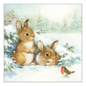 Friends in snow papírszalvéta téli mintával, két nyuszival és egy rigóval - Szalvéta