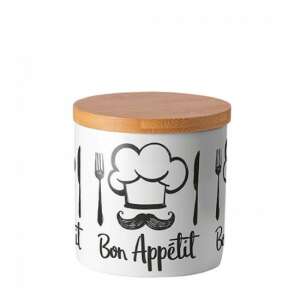 Chef White porcelán konyhai tároló bambusz fedővel, 10x10cm, Bon Appetit mintával - Ambiente