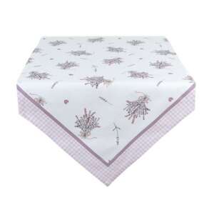 Lavender Garden asztali futó, 50x160cm, 100% pamut, fehér alapon levendula mintával és rózsaszín kockás szegéllyel - Clayre & Eef