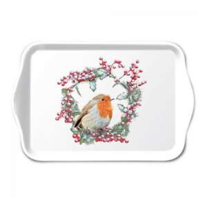 Műanyag tálca, robin madárral koszorúban - Tálca